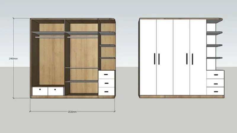 Thiết kế tủ quần áo 4 cánh tích hợp nhiều ngăn lưu trữ