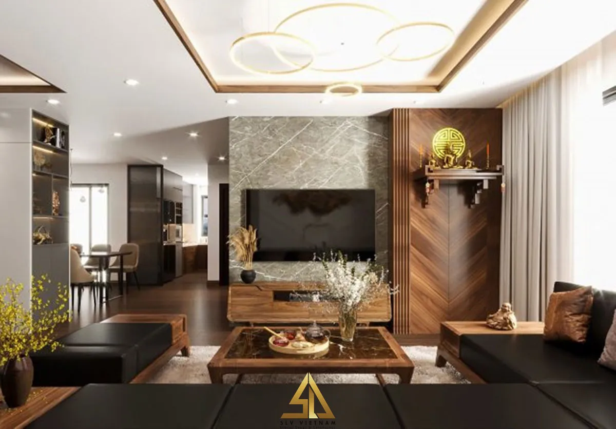 Mẫu 5: Kiểu bàn thờ phòng khách dạng treo bằng gỗ