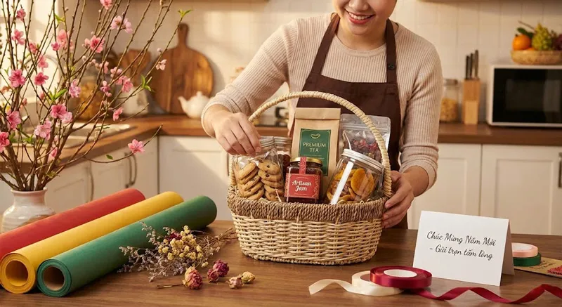 Tự tay trang trí giỏ quà Tết giúp thể hiện sự chân thành, cá nhân hóa món quà và tạo dấu ấn riêng ý nghĩa