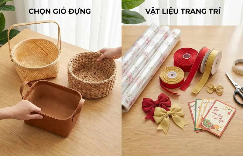 Giỏ đựng chắc chắn cùng giấy gói, ruy băng hài hòa sẽ giúp giỏ quà Tết thêm đẹp mắt