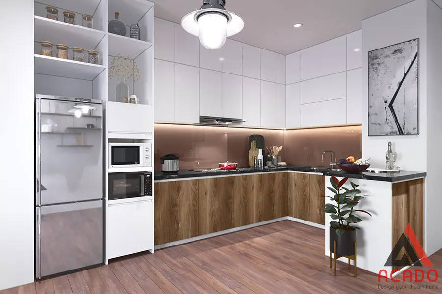Tủ bếp Laminate chữ L màu trắng kết hợp vân gỗ phong cách hiện đại