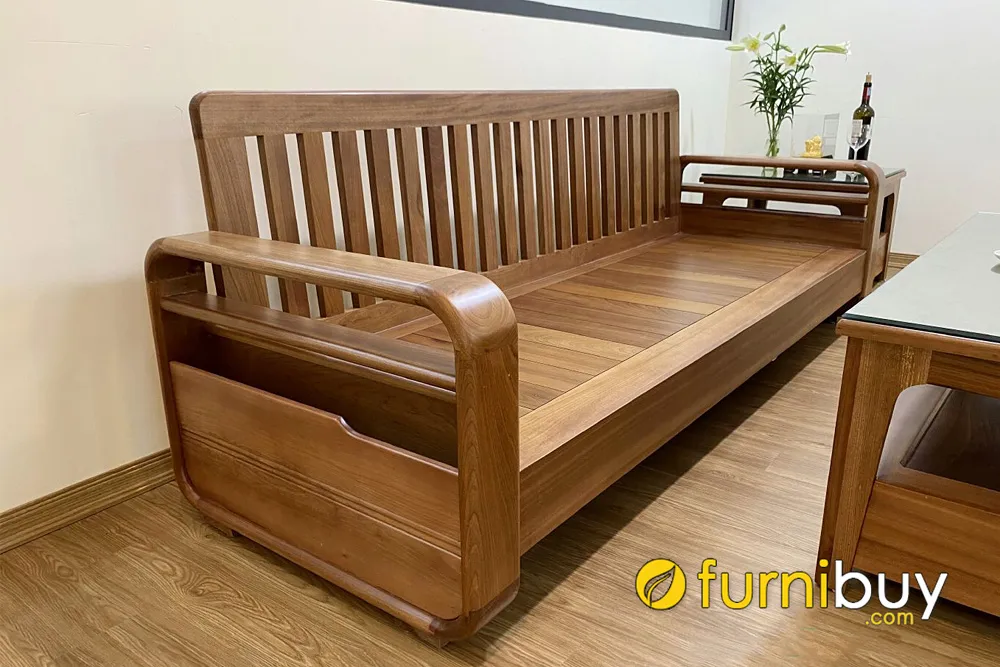 Mẫu ghế văng gỗ dài cho phòng khách. Thiết kế dạng thanh nan thoáng mát. lòng ghế sâu nghỉ ngơi thoải mái