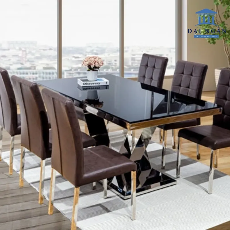 Bộ bàn ghế inox chữ nhật bọc nệm da sang trọng