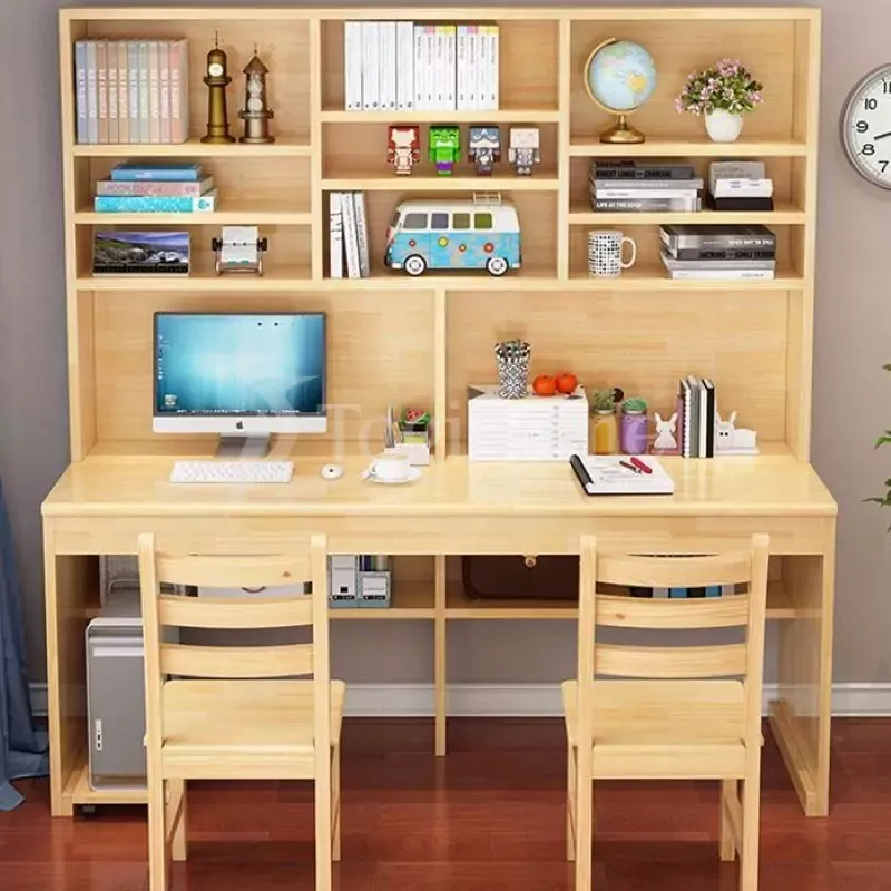 Mẫu bàn học đôi bằng gỗ kèm giá sách