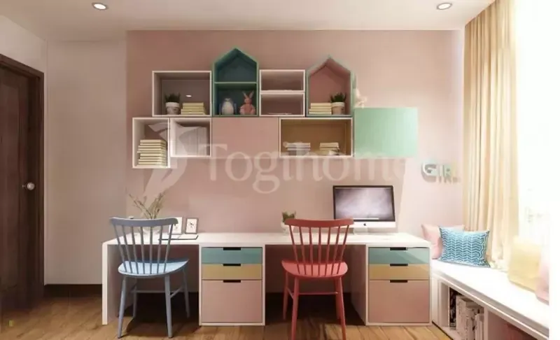 Mẫu bàn học đôi gỗ tự nhiên cho bé gái