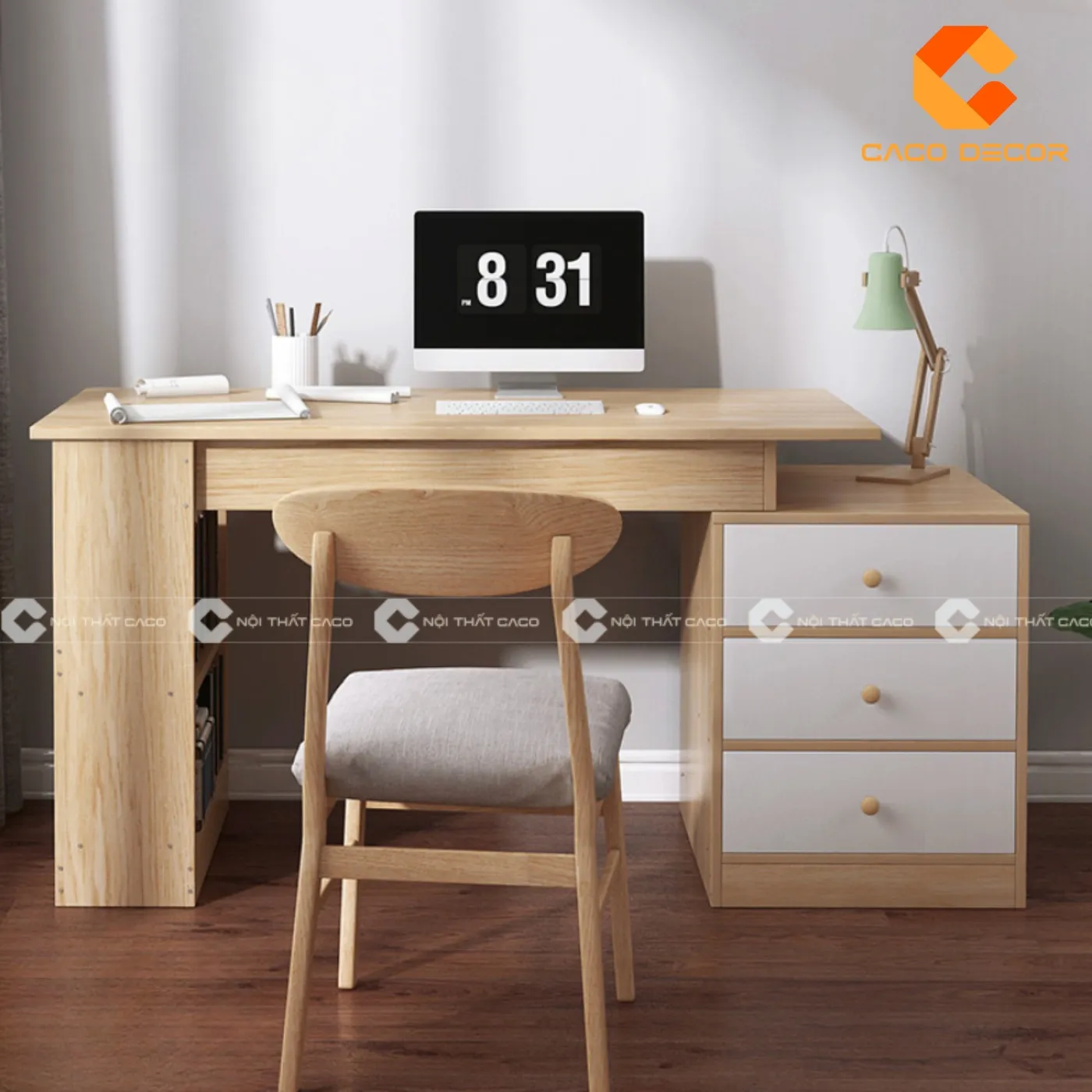 Mẫu bàn học sinh bằng gỗ kết hợp nhiều kệ sách và ngăn kéo