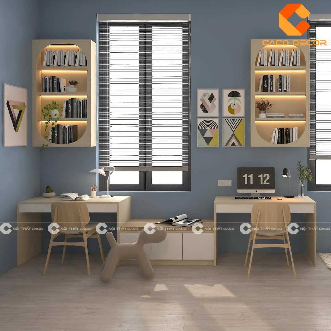 mẫu bàn học sinh bằng gỗ đẹp thiết kế đôi dành cho nhà có 2 bé nhỏ