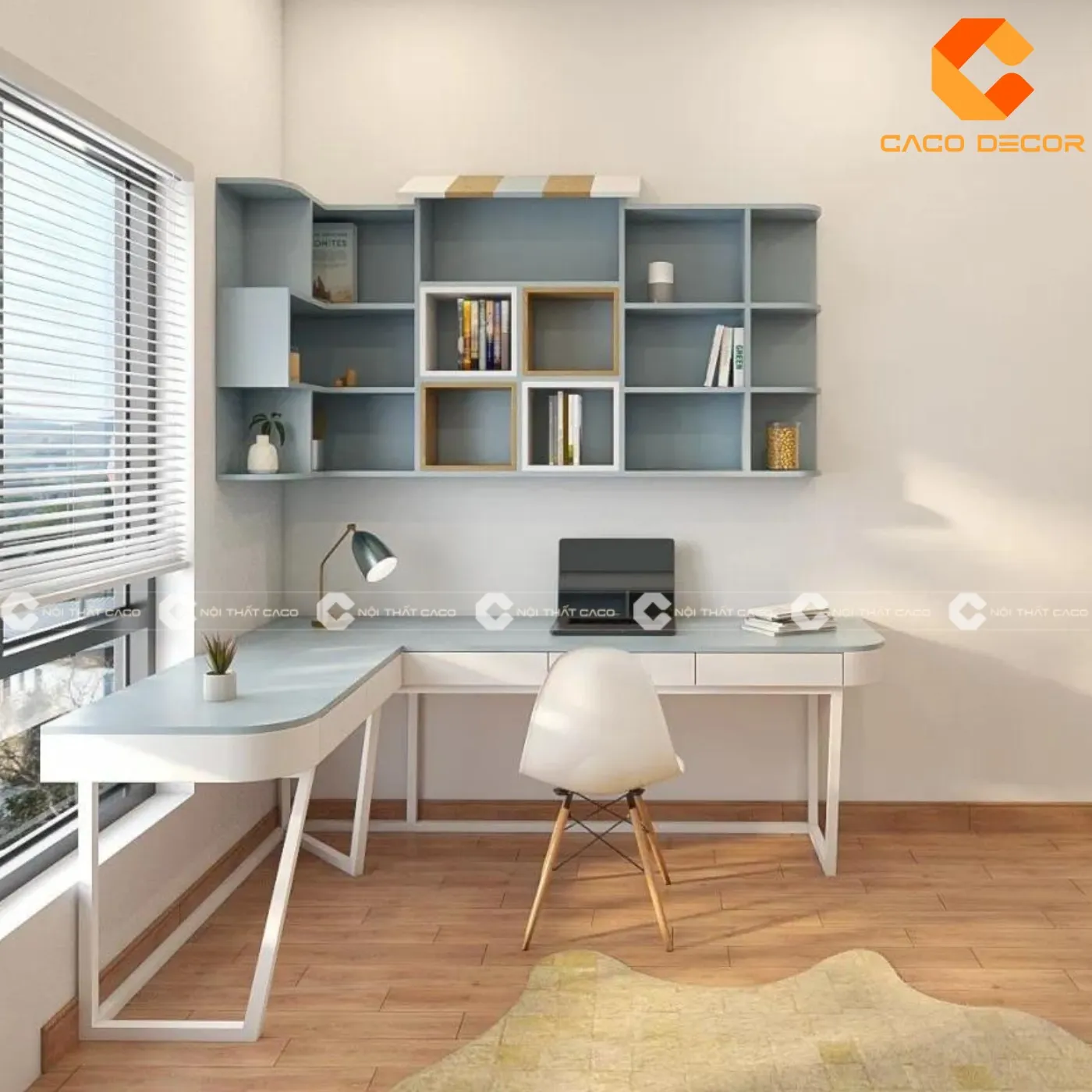 Mẫu bàn học sinh bằng gỗ đẹp thiết kế chữ L có giá sách