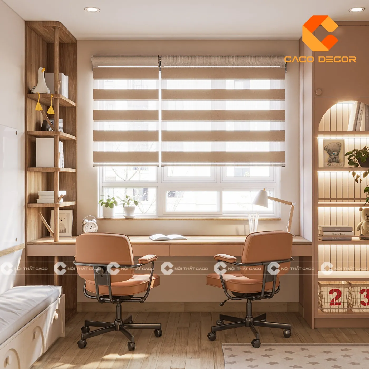 Mẫu bàn học sinh bằng gỗ thiết kế hiện đại kết hợp kệ sách