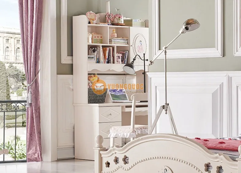 Mẫu bàn học sinh có giá sách bằng gỗ phong cách Hàn Quốc đơn giản, màu trắng