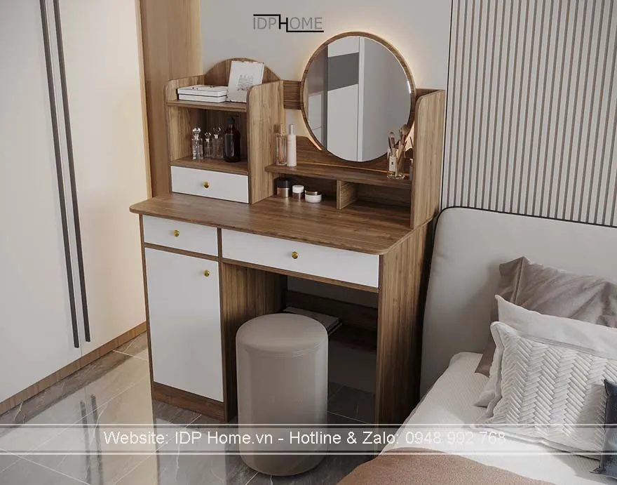 Mẫu bàn phấn đẹp hiện đại tích hợp đèn LED sau gương, tăng tính thẩm mỹ