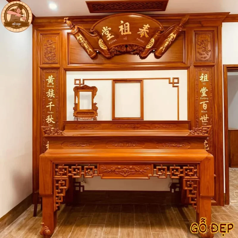 mẫu bàn thờ đẹp hiện đại dạng án gian gia tiên bằng gỗ