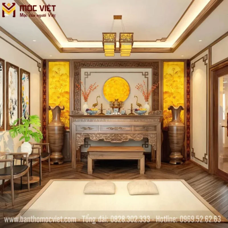 Mẫu bàn thờ gia tiên đứng gỗ tự nhiên chuẩn kích thước phong thủy