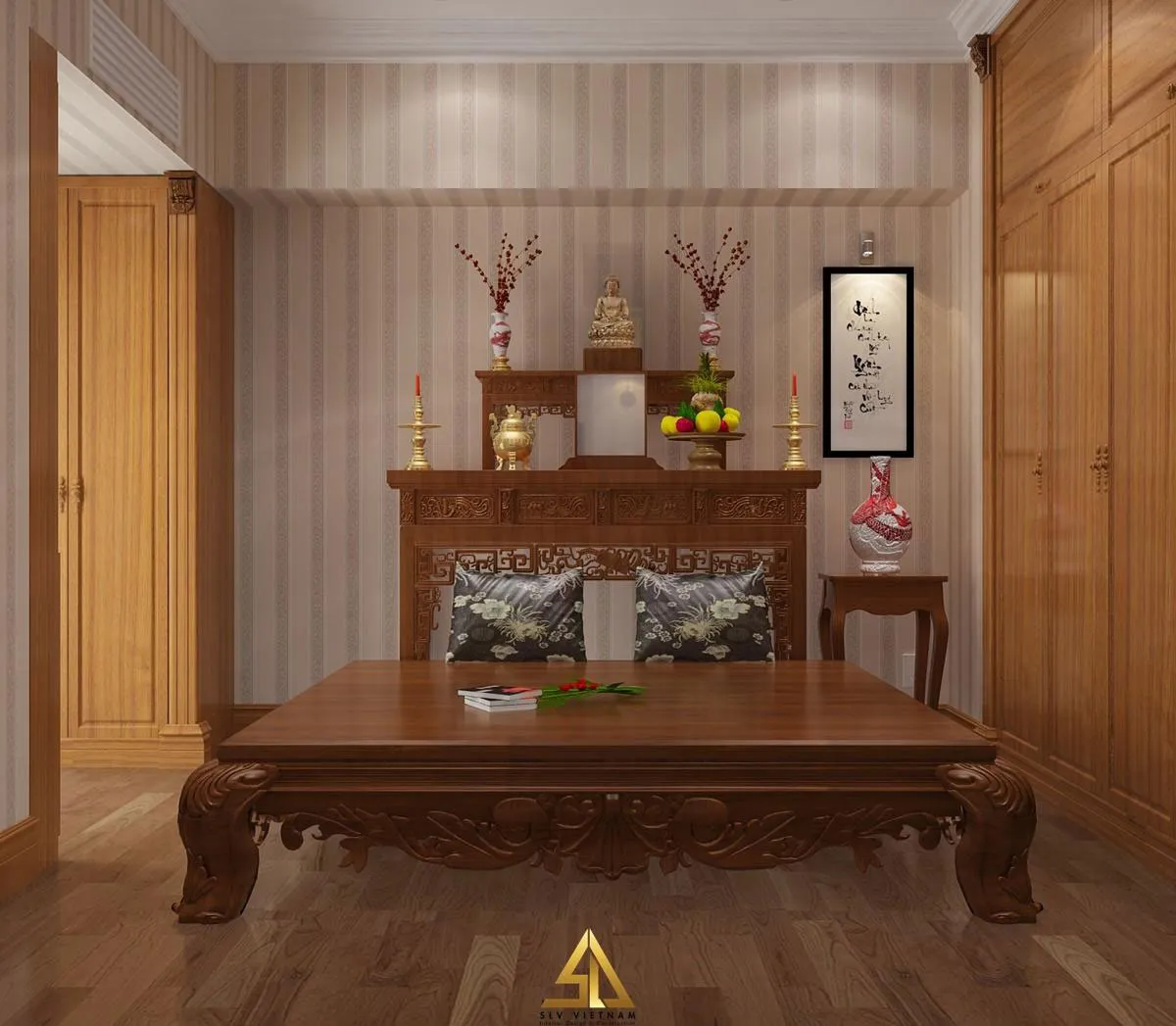 Mẫu 7: Bàn thờ kết hợp phòng khách sử dụng gỗ cao cấp