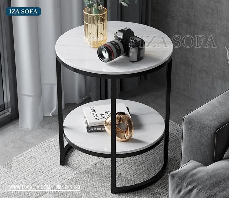 Bàn trà 2 tầng nhỏ gọn với mặt đá và khung sắt mạ vàng