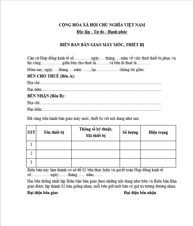 Minh họa biên bản bàn giao máy móc thiết bị sản xuất bàn ghế chuyên nghiệp