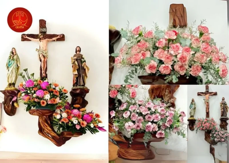 mẫu cắm hoa bàn thờ chúa trong bình cao phù hợp không gian cầu nguyện