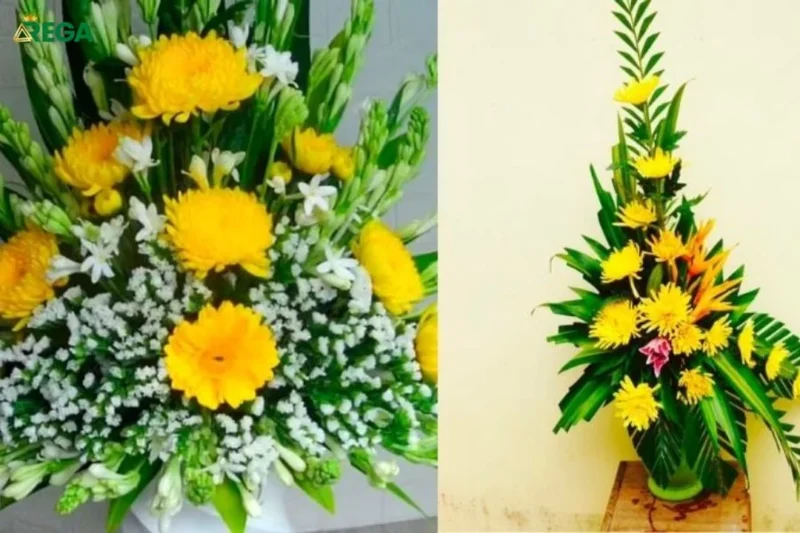 mẫu cắm hoa bàn thờ đẹp bằng hoa vàng cân đối