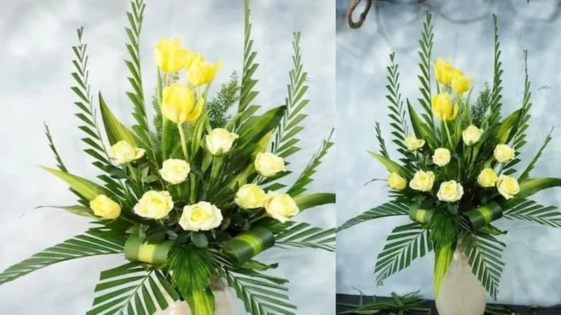 mẫu cắm hoa bàn thờ đẹp với hoa cúc vàng trang nghiêm