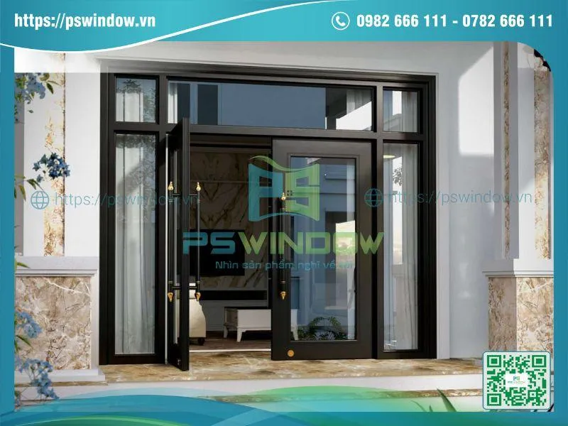 Mẫu cửa nhôm kính phòng khách đẹp 2 cánh mở quay