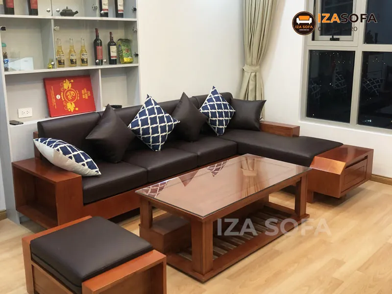 Mẫu ghế sofa gỗ chữ L sang trọng, bề mặt sơn cao cấp