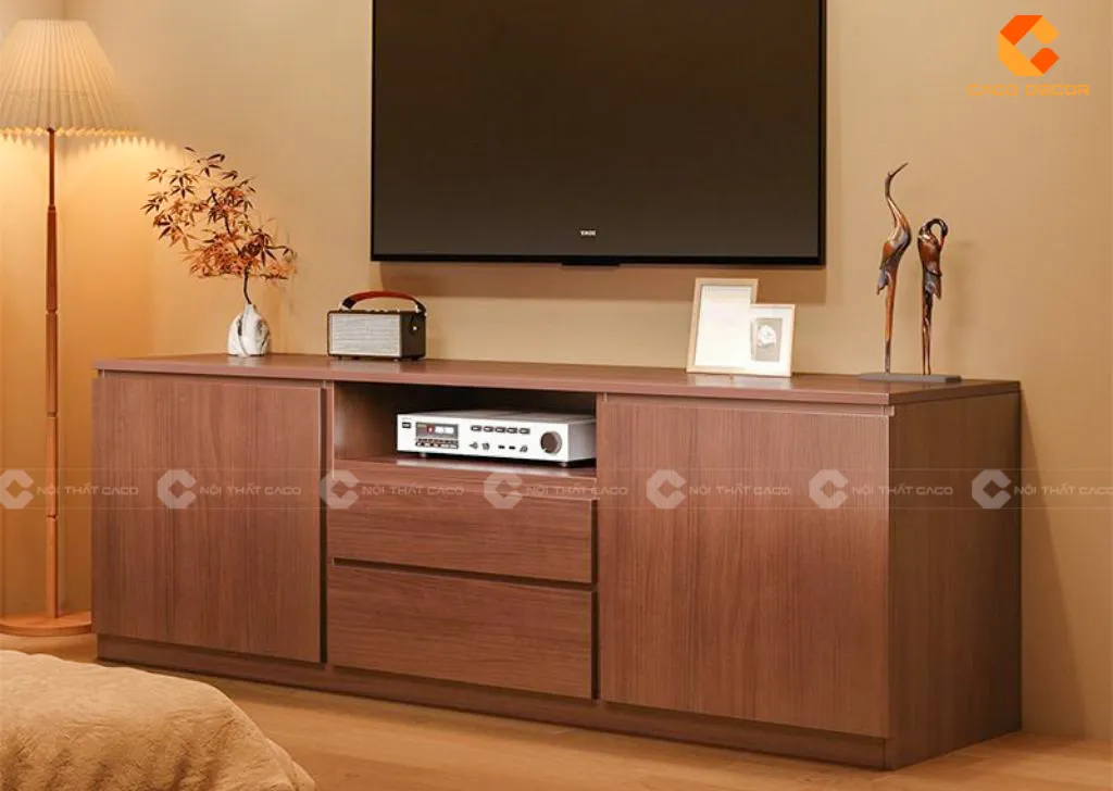 Mẫu tủ kệ tivi chung cư kết hợp các hộc tủ