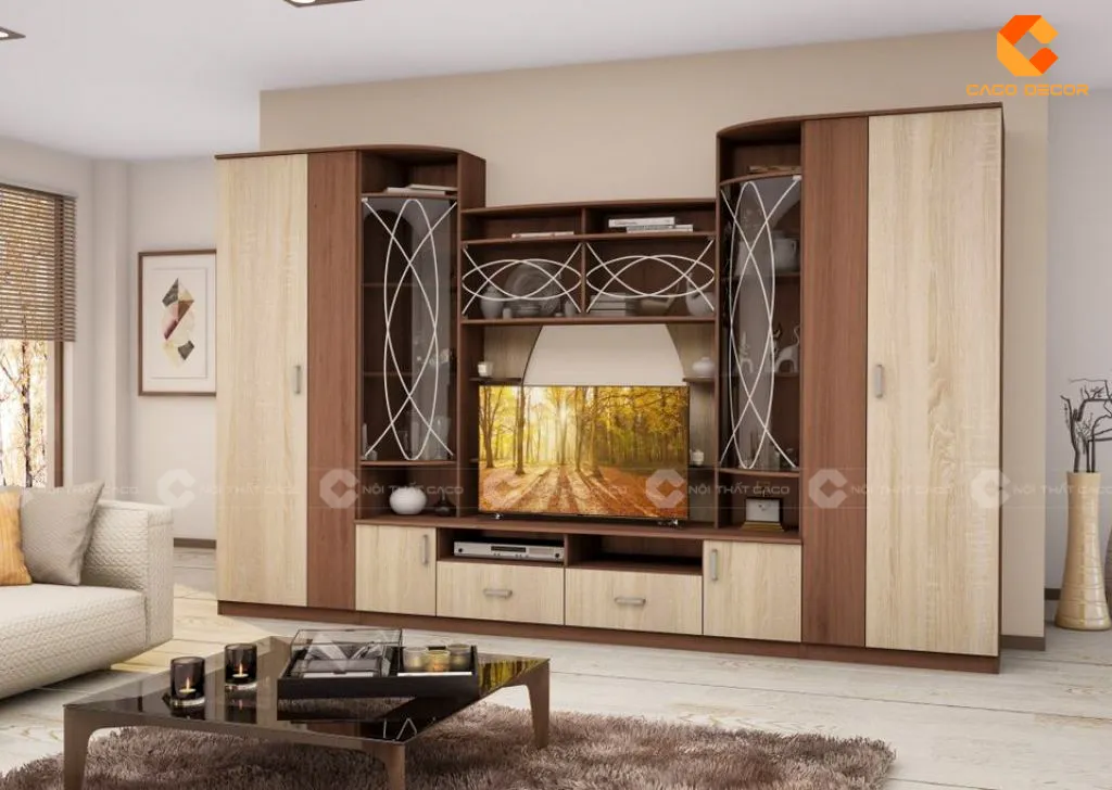 Mẫu kệ tivi chung cư kết hợp tủ trang trí