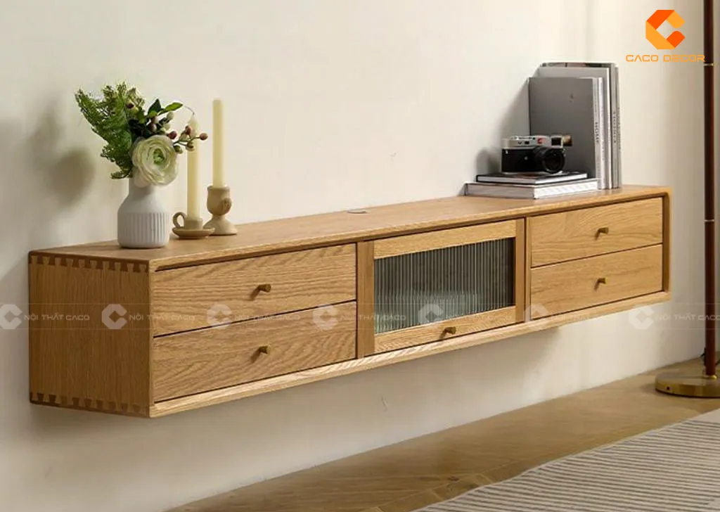 Mẫu tủ kệ tivi chung cư gỗ tự nhiên treo tường