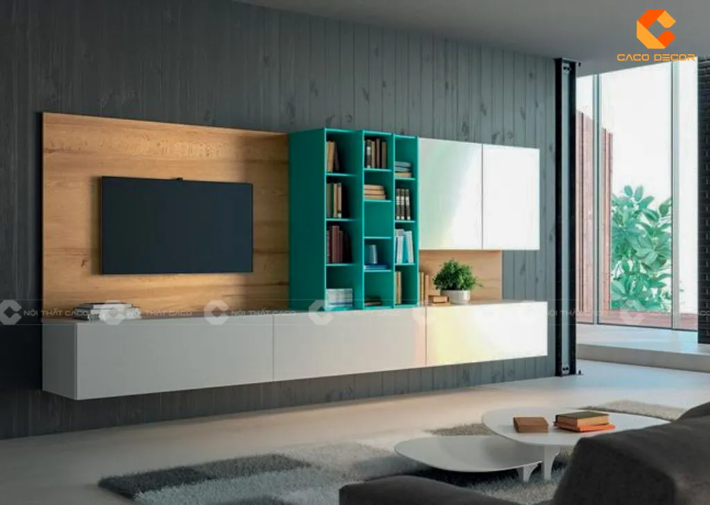 Mẫu kệ tivi chung cư gỗ công nghiệp kết hợp vách kệ trang trí