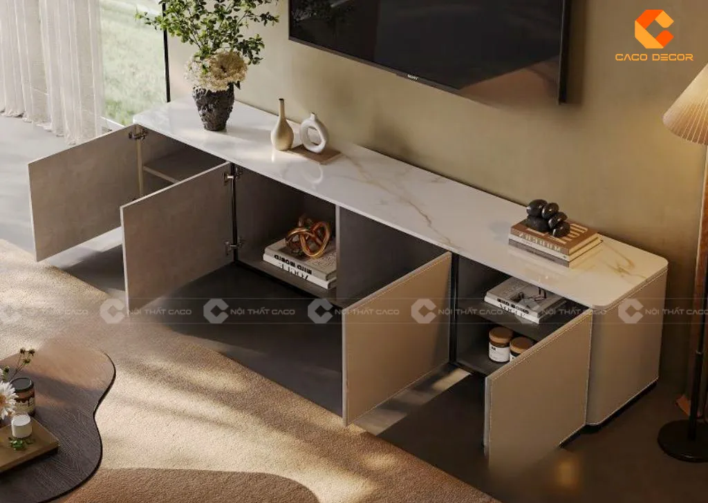 Mẫu tủ kệ tivi chung cư kết hợp các hộc tủ gỗ công nghiệp