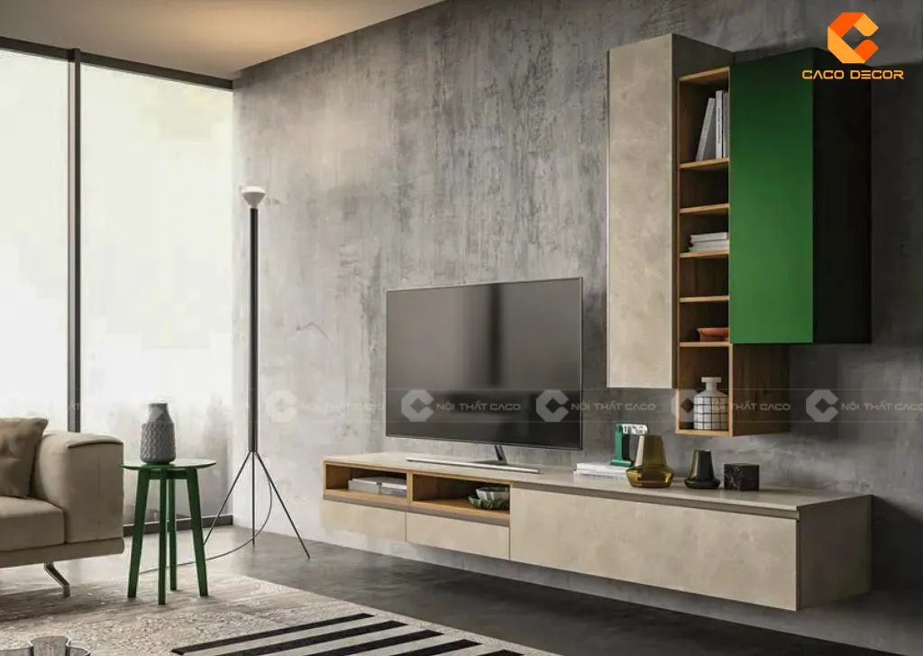 Mẫu tủ kệ tivi chung cư gỗ công nghiệp phối xanh