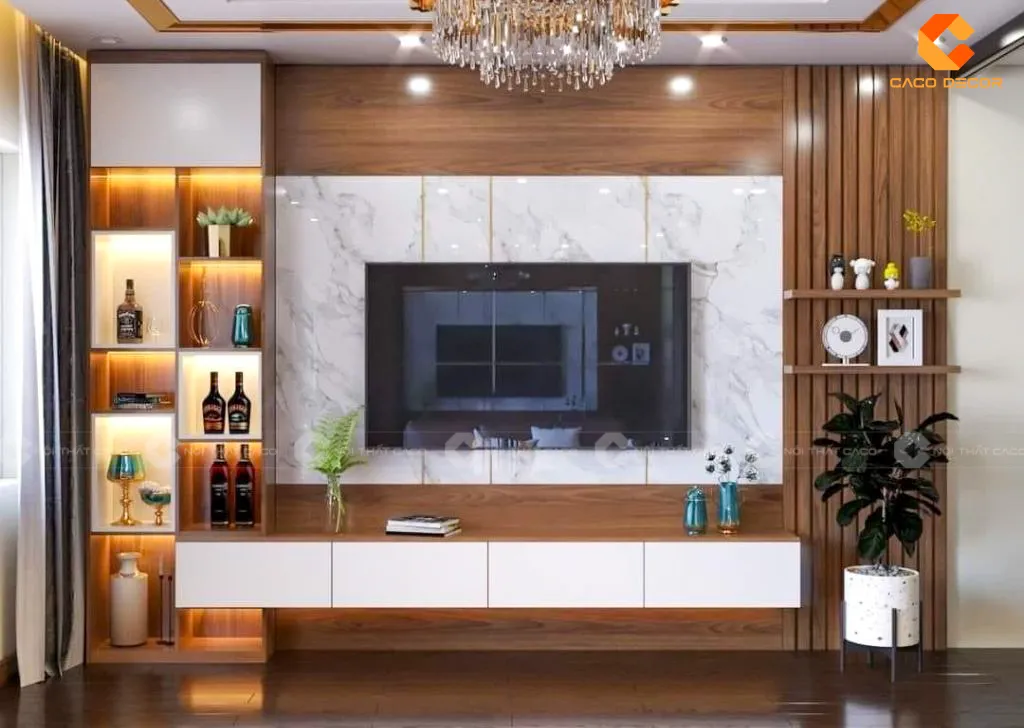 Mẫu tủ kệ tivi chung cư gỗ công nghiệp treo tường kết hợp vách trang trí