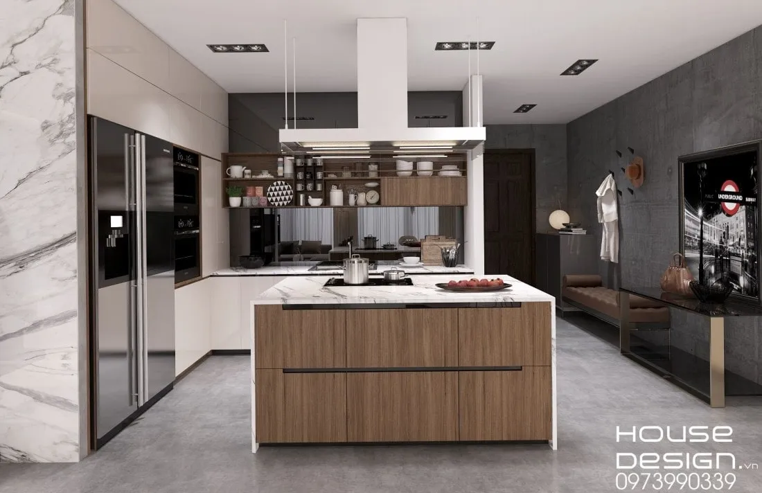 mẫu không gian phòng khách và bếp hiện đại