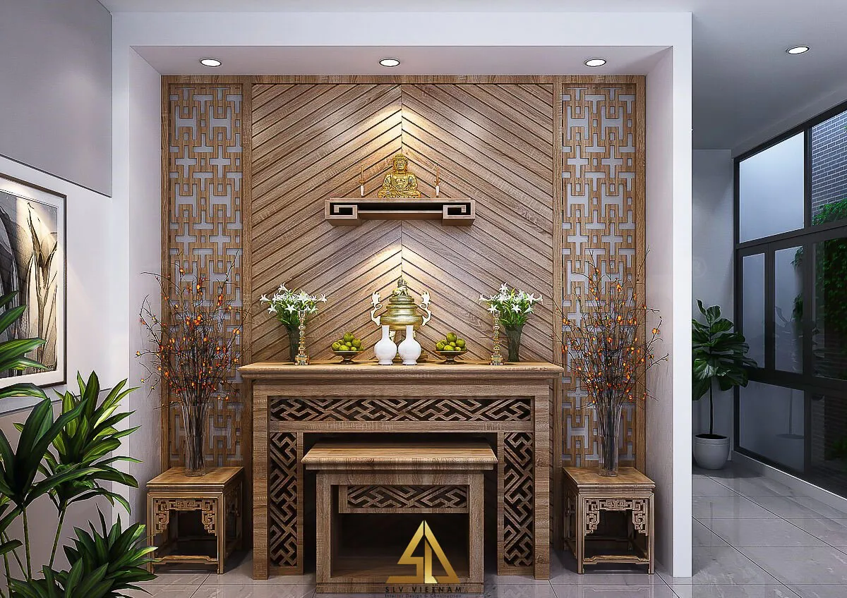 Mẫu 8: Mẫu nội thất phòng khách với phòng thờ nhà ống hiện đại