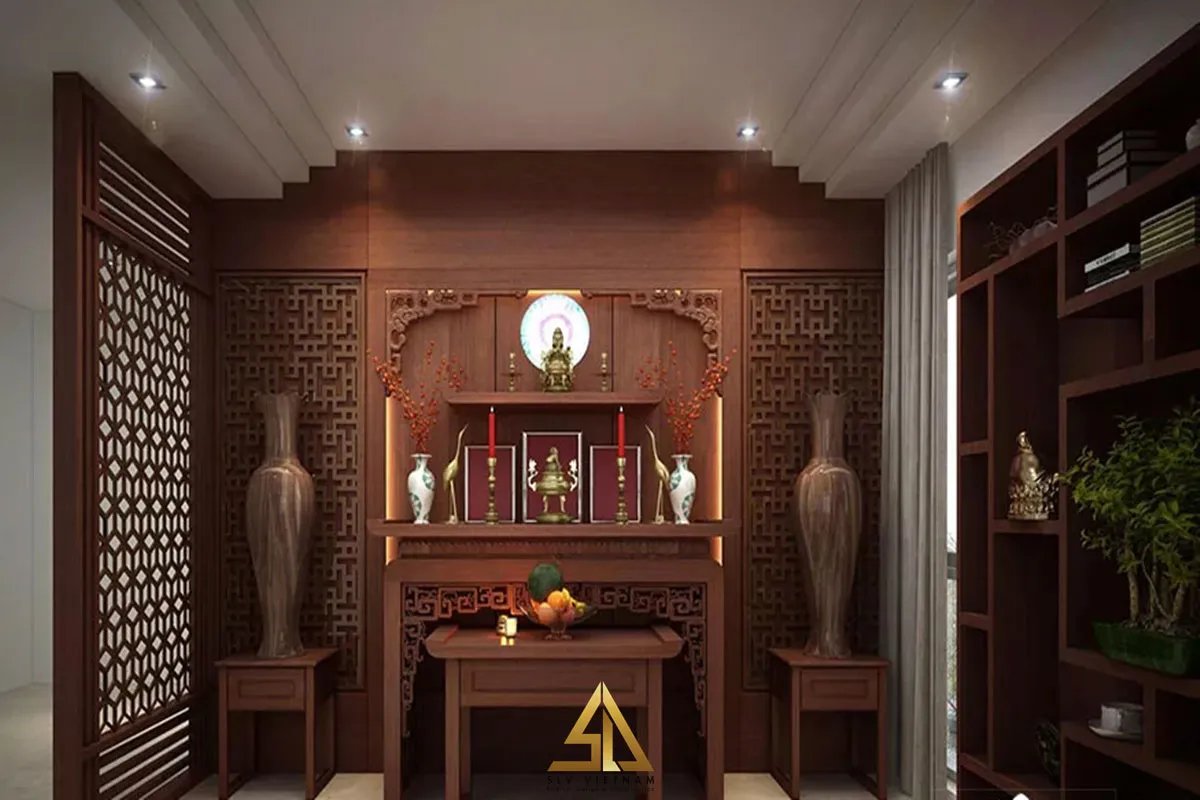 Mẫu 5: Phòng khách cổ điển kết hợp phòng thờ nhà ống