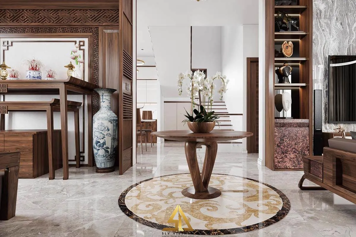 Mẫu 9: Phòng khách biệt thự kết hợp phòng thờ có vách ngăn