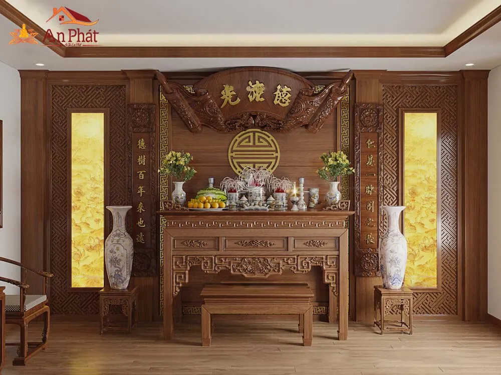 Thiết kế phòng thờ hiện đại KGT309, màu sắc gỗ tự nhiên, hài hòa với nội thất