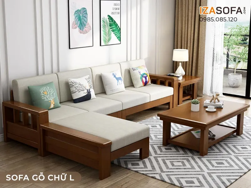Mẫu sofa gỗ chữ L đẹp hiện đại không tay vịn