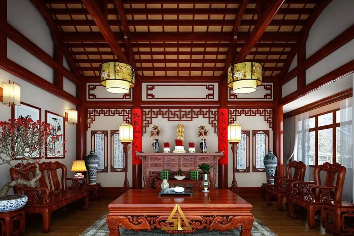 Mẫu 5: Thiết kế phòng khách gỗ xoan đào kết hợp phòng thờ biệt thự