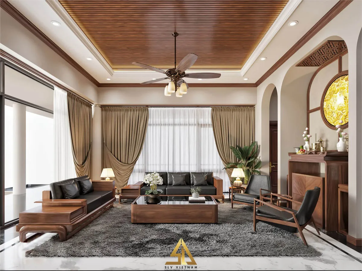 Mẫu 4: Nội thất phòng khách kết hợp phòng thờ biệt thự cao cấp có cửa sổ thông thoáng