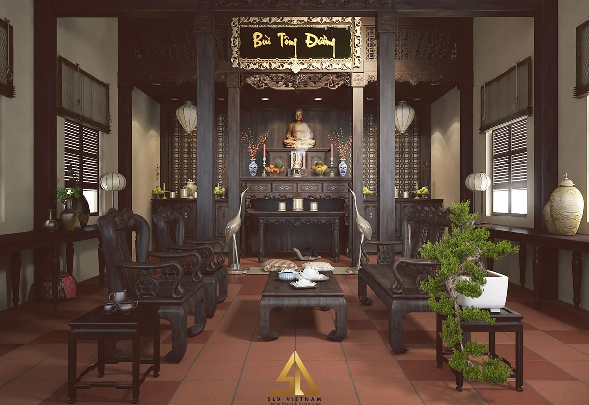 Mẫu 2: Thiết kế nội thất phòng khách kết hợp phòng thờ biệt thự