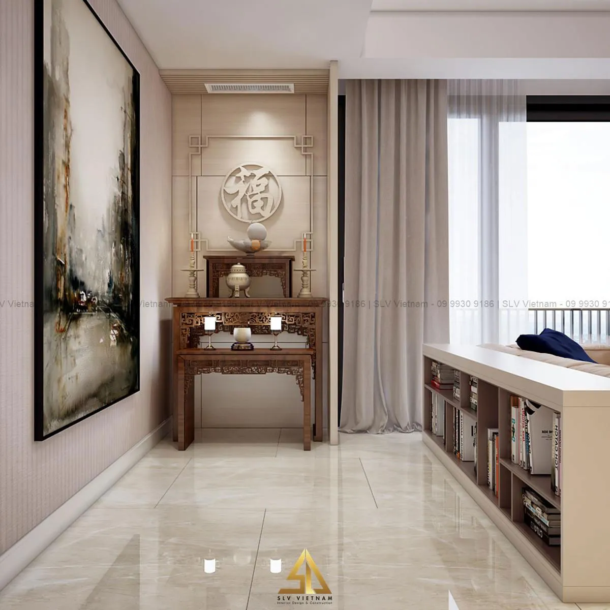 Mẫu 2: Thiết kế nội thất phòng khách kết hợp phòng thờ chung cư cao cấp