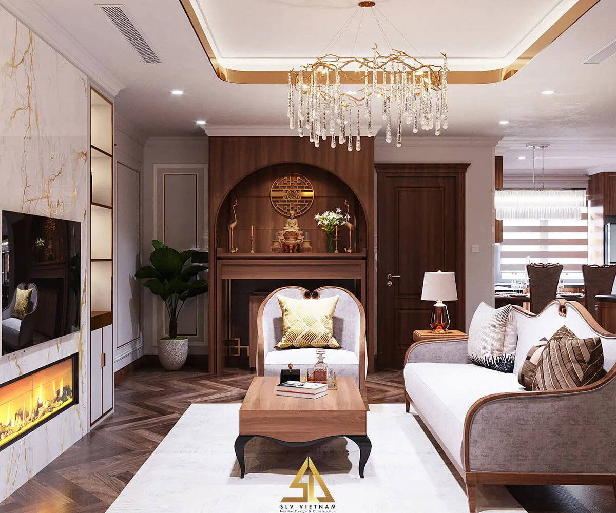 Mẫu 4: Thiết kế phòng khách kết hợp phòng thờ nhà ống đẹp
