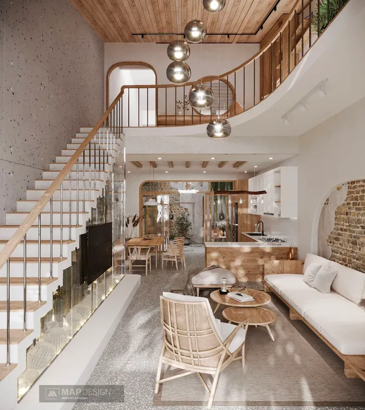 Mẫu thiết kế phòng khách liên thông với gian bếp là giải pháp cho nhiều ngôi nhà ống có diện tích hạn hẹp.