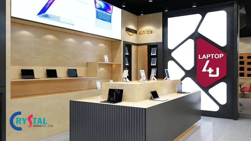 Mẫu thiết kế showroom laptop với chất liệu từ gỗ MDF làm chủ đạo