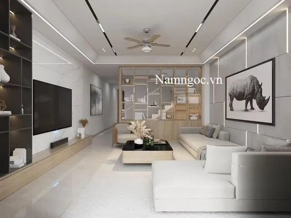 Trần thạch cao phòng khách 30m2 kết hợp đèn ray âm trần, phong cách tối giản