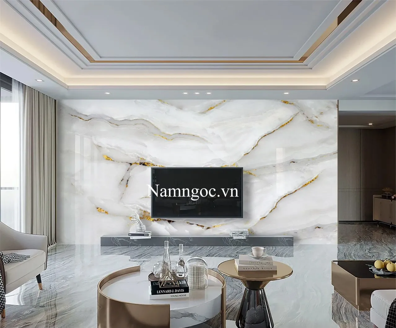 Trần thạch cao phòng khách giật cấp 2 tầng, nẹp inox bóng gương