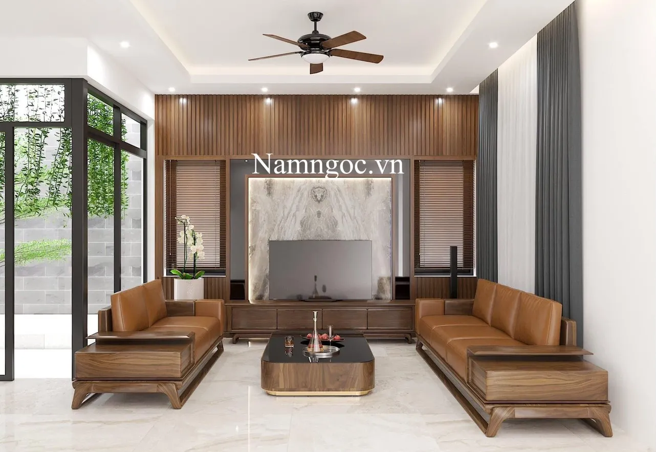 Trần thạch cao phòng khách hiện đại với nẹp inox