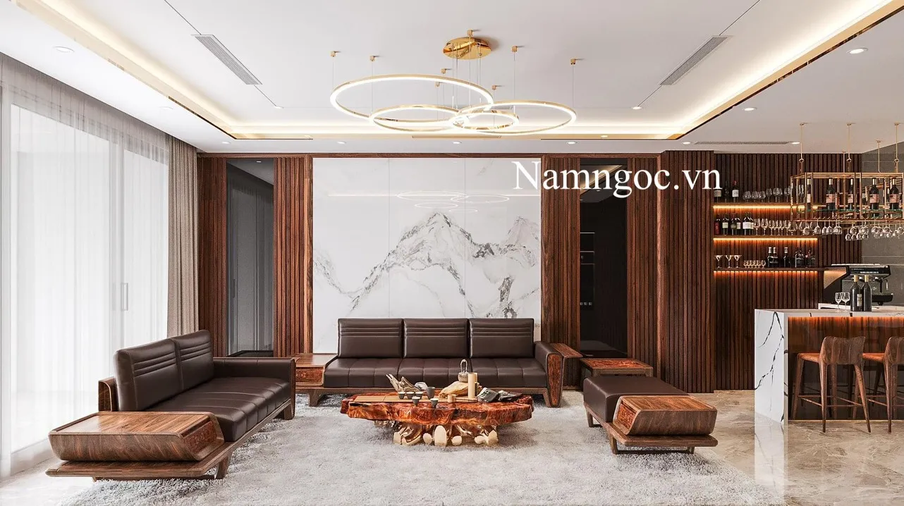 Trần thạch cao phòng khách 30m2 giật cấp hình chữ nhật, đèn trần LED âm