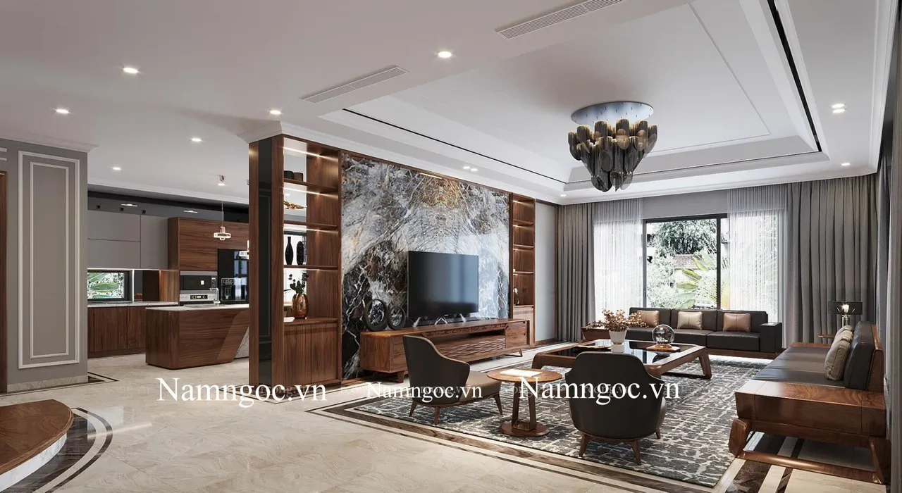 Trần thạch cao phòng khách 30m2 liền bếp, giật cấp kéo dài